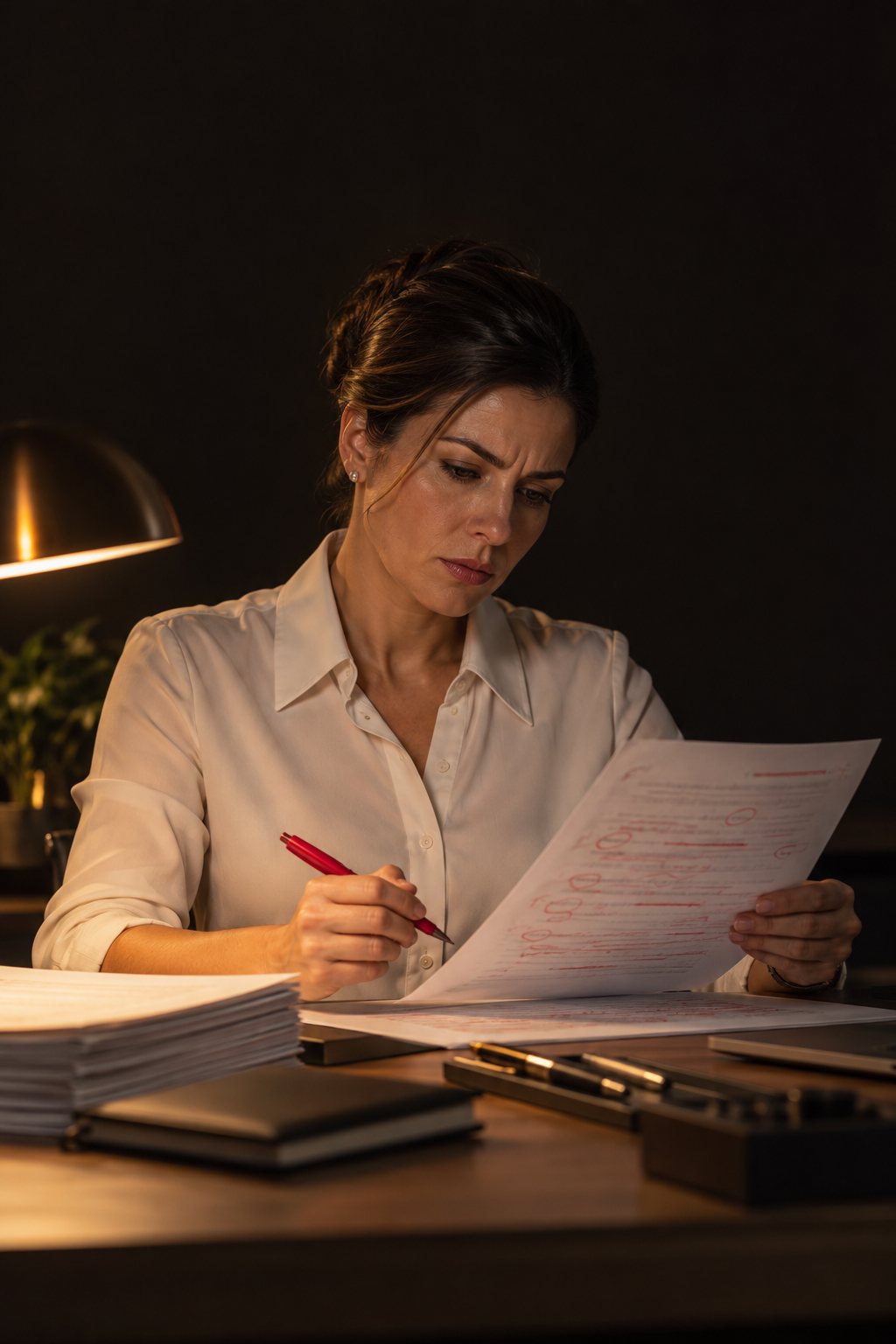 Mulher de camisa clara, à mesa organizada à noite, corrigindo com caneta vermelha um trabalho que outra pessoa entregou